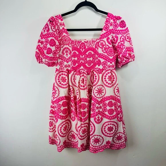 Brooklyns Dress Womens Med Pink Embroidered Floral Fit Flare Lined Boho Cotton - Picture 3 of 9